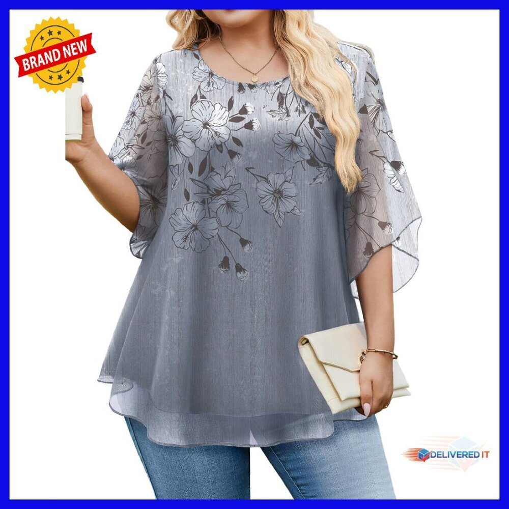 Plus Size 3/4 Sleeve Mesh Blouse Loose Fit Flowy Double Layer